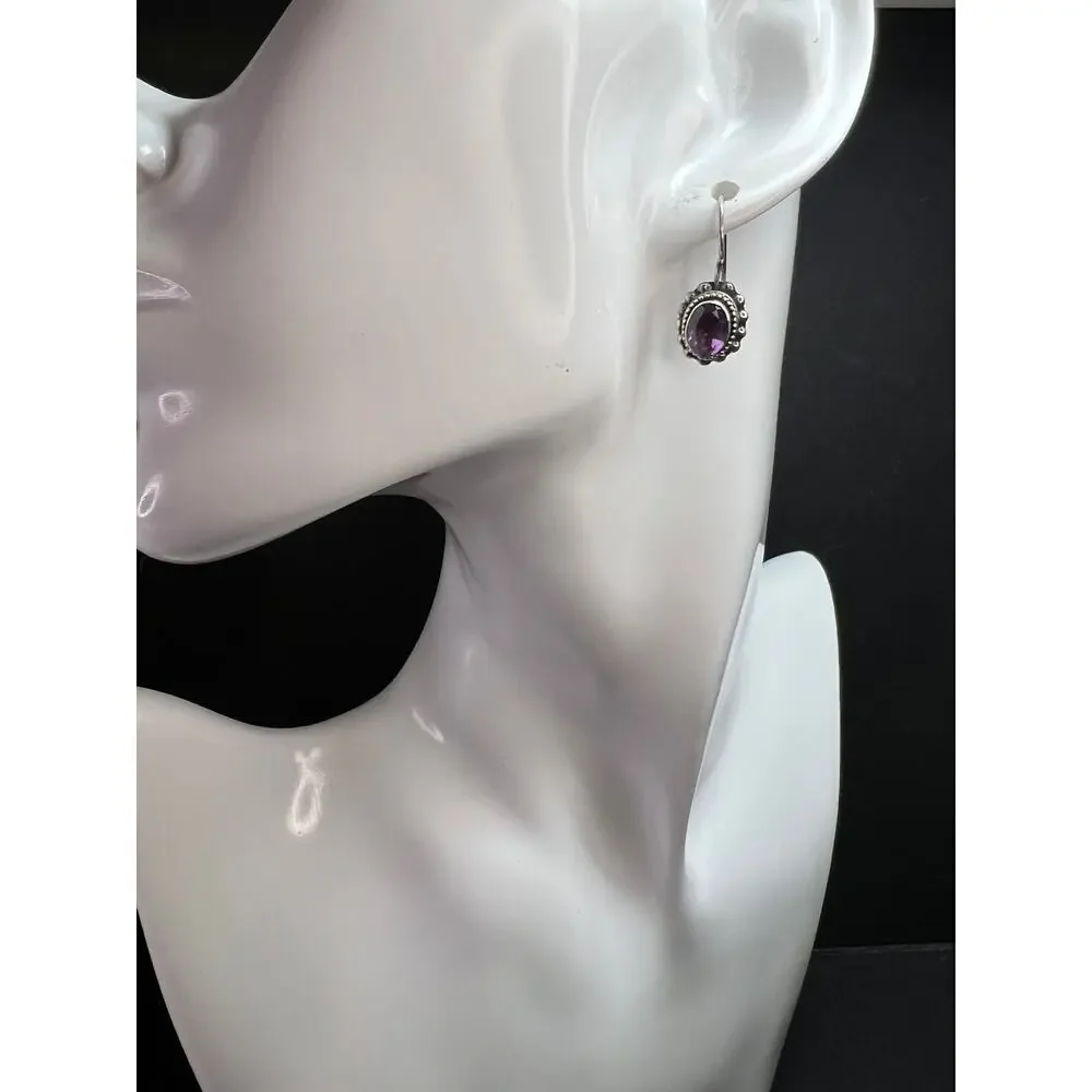 Vintage Balinese Sterling Silver Amethyst Drop Earrings Beaded Halo